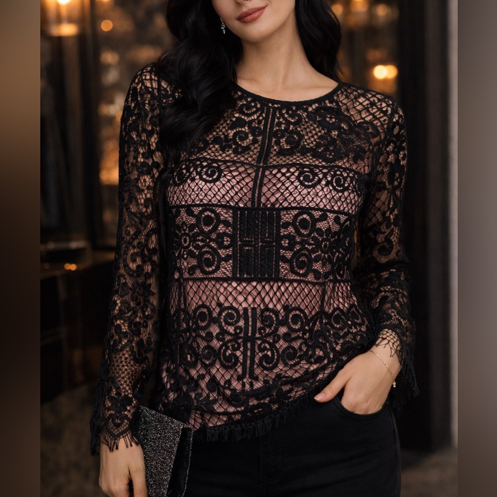 Nicole Miller Black Lace Top Pink Underlay L Long Sleeve Sheer Dressy Date Night